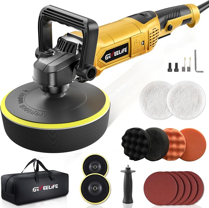 GEVEELIFE Buffer Polisher, 6 Inch/7 Inch 1600W Rotary Car Buffer Polisher Waxer, 7 Variable Speed 1000-3500 RPM, Detachable Handle for Car, Boat Sanding, Polishing, Waxing(Yellow)