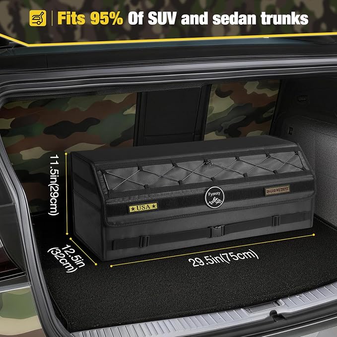 Fyzeoty Car Trunk Organizer for SUV and Sedan, Tactical‑Black, 29.5 in | Tactical & Aerospace Oxford, Extra‑Large, Hinged Lid, Collapsible & Adjustable, Water‑Resist & Dust‑Proof