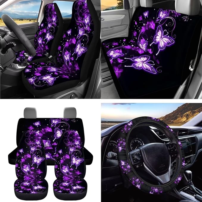 Dreaweet Purple Butterfly Car Seat Covers Full Set for Women Car Accessories Seat Cover Steering Wheel Cover Seatbelt Covers Car Coasters Garbage Bin Rear View Mirror Cover Keychain Air Vent Pouch