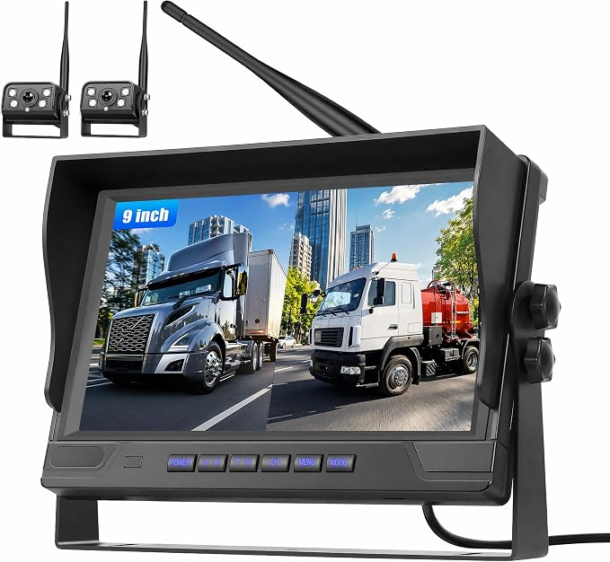 9 Inch Wireless Backup Camera for Truck with 2 Rear View Camera System for Cars, 4 Channels Split Screen, BSD Alert, Night Vision, IP68K Waterproof, for Truck, Pickup, Trailer, Cars Parking Safety