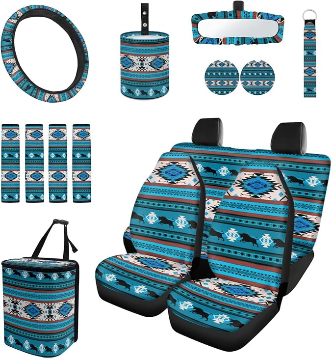 Blue Tribal Horse Car Seat Covers Set of 15 with Universal Steering Wheel Cover, Rearview Mirror Cover, Car Trash Can, Seatbelt Pads, Cup Holder Coasters, Keychains