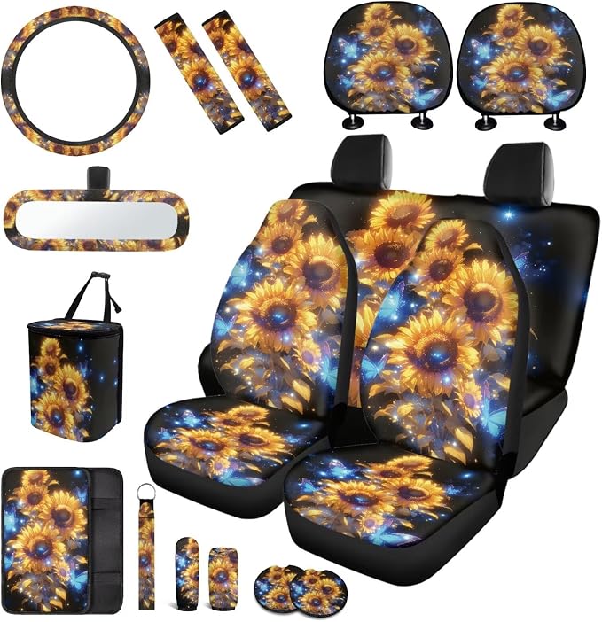 Sunflowers Car Seat Covers Full Set for Women,17 Pack Neon Sunflowers Car Aaccessories with Butterfly Vehicle Trash Bag Headrest Covers Steering Wheel Cover,Universal Fit Most Car