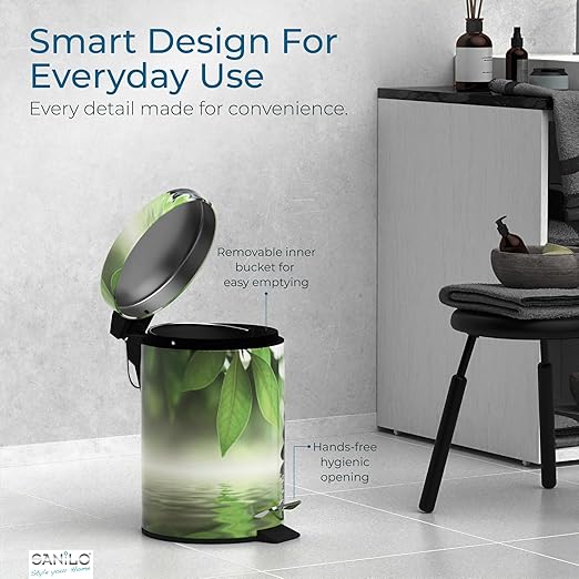 Sanilo Small Bathroom Trash Can with Lid [1.3 Gallon] - Lidded Tiny Trashcan for Garbage - Mini Metal Bin with Soft Closing Mechanism - Bath Room Accessoire Wastebin with Inner Bucket (Harmony)