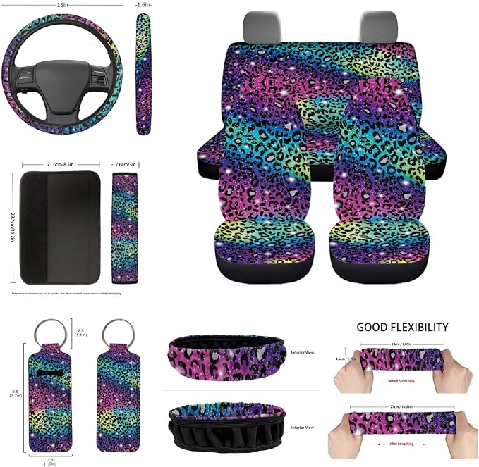Colorful Leopard Auto Seat Covers Front Back Seats Set 14pcs,Cheetah Car Interior Set with Keychain,Seatbelt,Steering Wheel Cover,Car Coasters,Mirror Cover Decor Accessory for Women Men