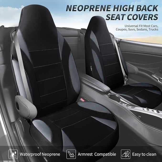 CAR PASS Waterproof High Back Car Seat Covers Front Seats with Armrest Gray | Neoprene Bucket Seat Cover, Airbag and Armrest Compatible, Built-In Seatbelt Universal Fit for Cars,Truck, Van, SUV