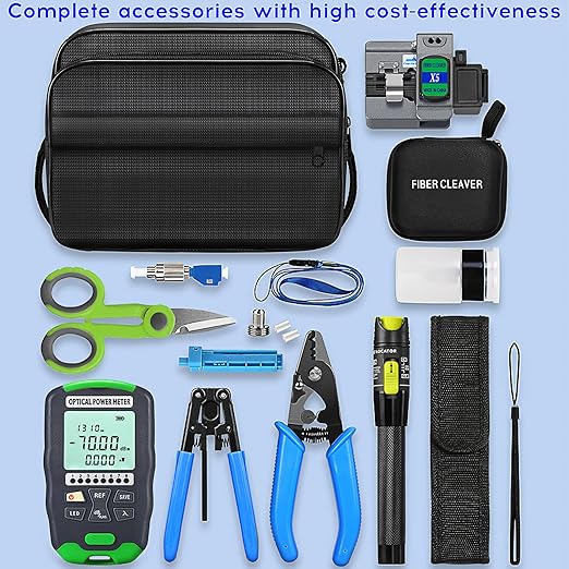 Fiber Optic Termination Tool Kit FTTH Cable Cold Welding Tool Set with X5 Grey Optical Fiber Cleaver with FC-LC Adapter D7 OPM