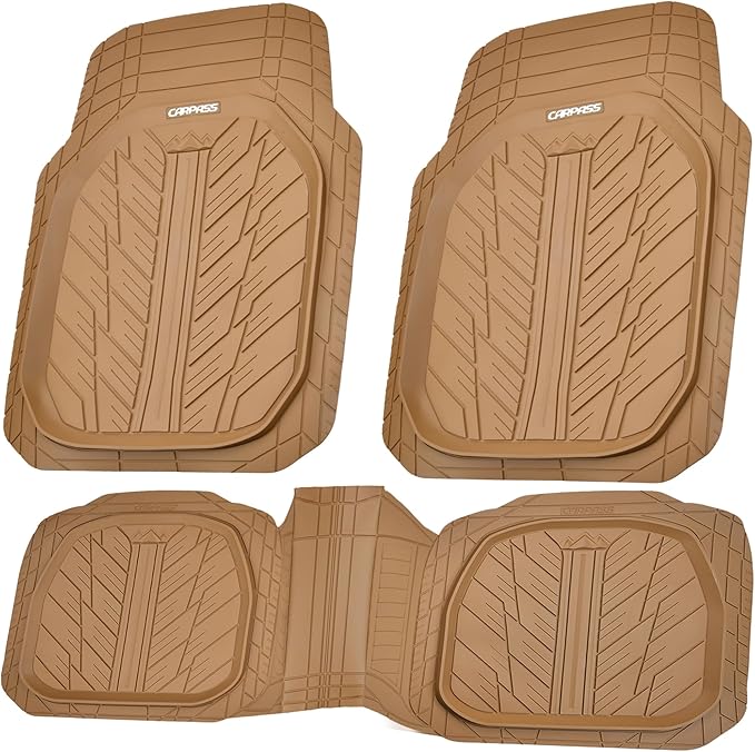 CAR PASS Tire Tread DeepDish Rubber Floor Mats for car Heavy Duty car mats All Weather, Universal XL~M Trim to Fit for Truck SUV Vehicle Automotive, Waterproof car mats 3 piece Solid Beige