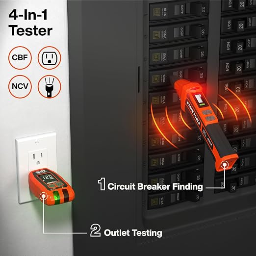 Klein Tools ET350 4-in-1 Digital Circuit Breaker Finder, Outlet Fault Detector, Non-Contact Voltage Tester, GFCI Tester, Learn and Locate Mode, Backlit LCD, LED Work Light