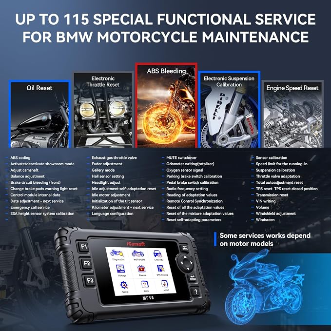 iCarsoft MT V6 Motorcycle Diagnostic Tool for BMW Full System 115 Reset /197 Actuation Test, Motorbike+Car OBD2 Scanner Code Reader with ABS Bleeding, Throttle Valve Reset, Battery Test, AutoVIN