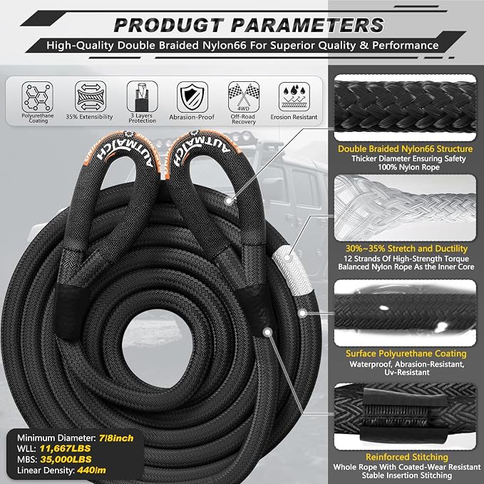 AUTMATCH Kinetic Recovery Tow Rope 7/8" x 30FT with Shackle Hitch Receiver 2 Inch, Heavy Duty Offroad Snatch Strap 35000Lbs for 4x4 Off-Road Vehicle, Truck, Trailer, ATV, UTV, Blue