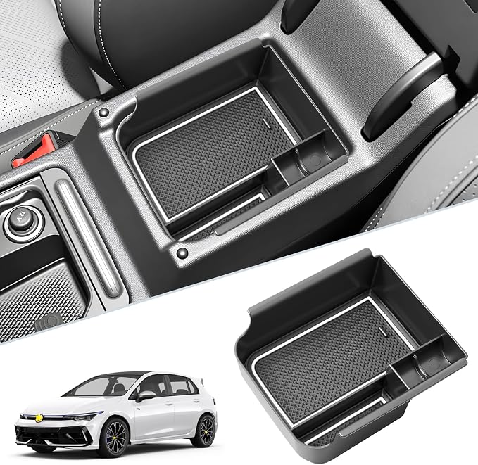 SKTU for 2025 2026 VW Golf Accessories Center Console Organizer for 2025 2026 Volkswagen Golf Console Tray 2025 2026 Golf ABS Durable Console Organizer with Coin Holder (White)