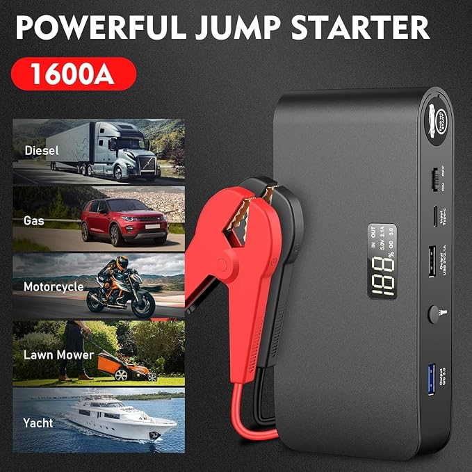 Jump Starter 12V 2000A for Car/Boat/Lawnmower(8.0L Gas/6.5L Diesel Engine) Portable Booster Battery Pack with Jump Cables/Wall Charger/USB Cable