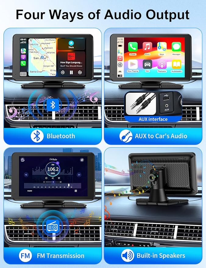 Carplay Screen for Car, 7" HD Portable Car Stereo Touch Screen with Wireless Android Auto, Backup Camera with LED/Mirror Link/Voice Control/Bluetooth/GPS/AUX/FM Satellite Radio for All Vehicles