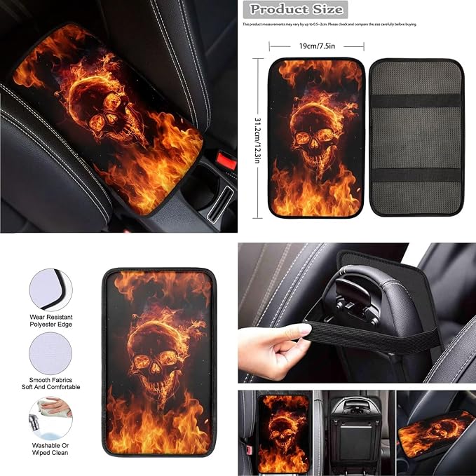 8 Pcs Flame Skull Print Car Interior Accessories, Car Seat Covers, Auto Steering Wheel Cover, Auto Center Console Pad, Seat Belt Pads, Universal Fit Cars SUVs Trucks