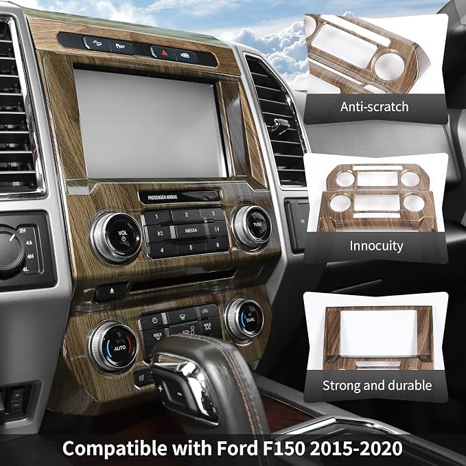 CheroCar Wood Grain Central Control Navigation & Emergency Light Control Panel Trim Cover Kit Fit for Ford F150 2015-2020 Hazard Light Switch & GPS Screen Surround Decorative Bezels