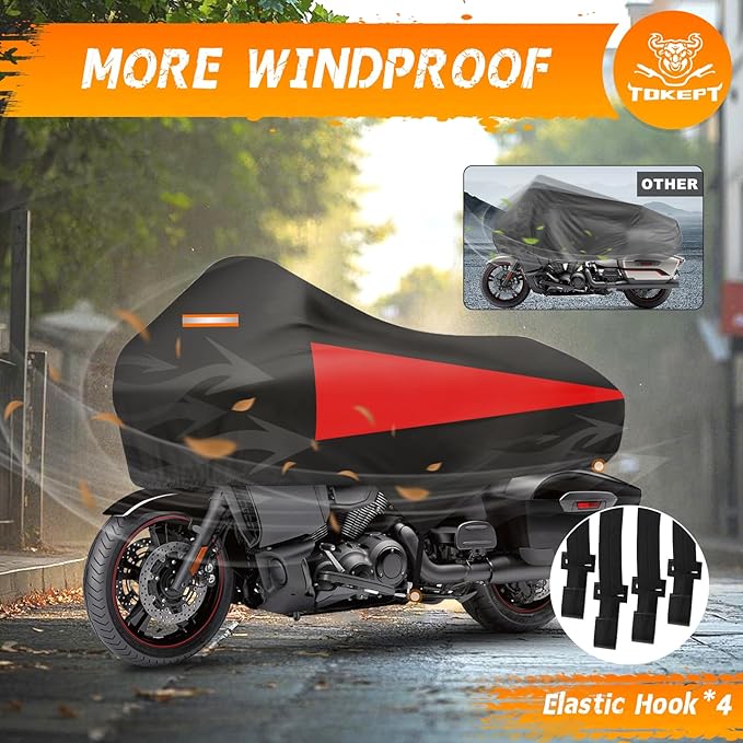 Motorcycle Half Cover with Elastic Hook and Reflective Strip Waterproof Dustproof Sunproof All-Day Protection Suitable for Touring Models Road King Street Glide Road Glide and More (Black&Red)