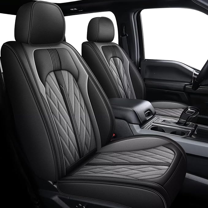 TTX LIGHTING 2 Front Seat Covers Fit for Ford F150 2009-2025 2026 and F250 F350 F450 2017-2025 2026 Front Seat Covers Waterproof Leather Seat Protector for Trucks (2 PCS Front,Black&Grey)