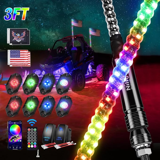 Nilight 2PCS 3FT RGB LED Whip Light and 8 PCS Rock Lights Combo, Remote & App Control w/DIY Chasing Patterns Stop Turn Reverse Safety Antenna Lighted Whips for ATV UTV