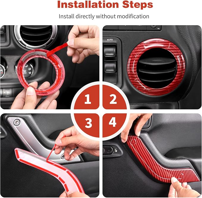 CheroCar 18PCS Interior Trim Kit for Jeep Wrangler JK JKU 2011-2018 4 Door,Steering Button Frame, Air Conditioning Vent Trim Cup Holder Cover,Gear Shift Knobs Frame,Red Carbon Fiber…