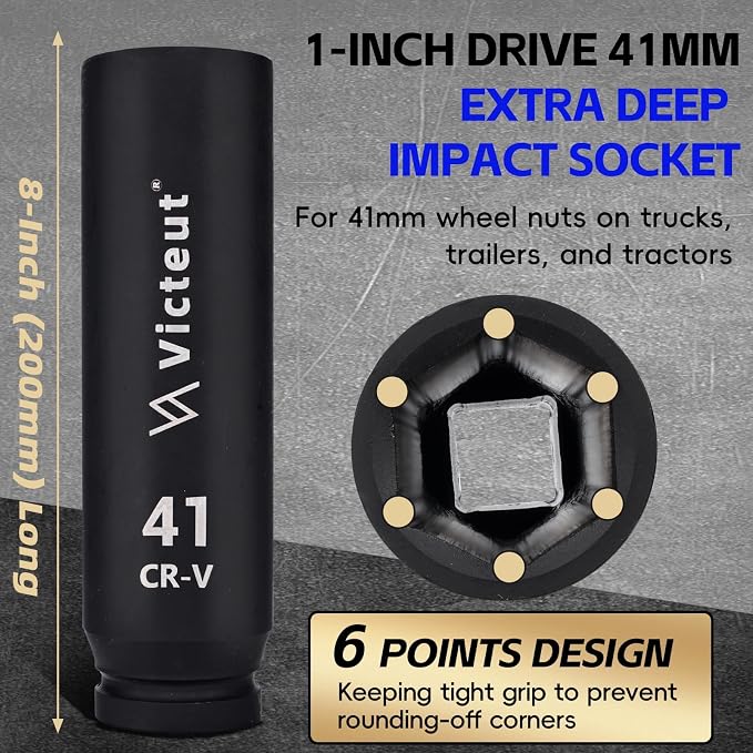 1-Inch Drive 41mm Extra Deep Impact Socket, 8-Inch (200mm) Long, 6-Point Truck & Trailer & Tractor Wheel Nut Socket, Heat Treated Cr-V Alloy Steel, One-Piece Forged, No Torque Loss