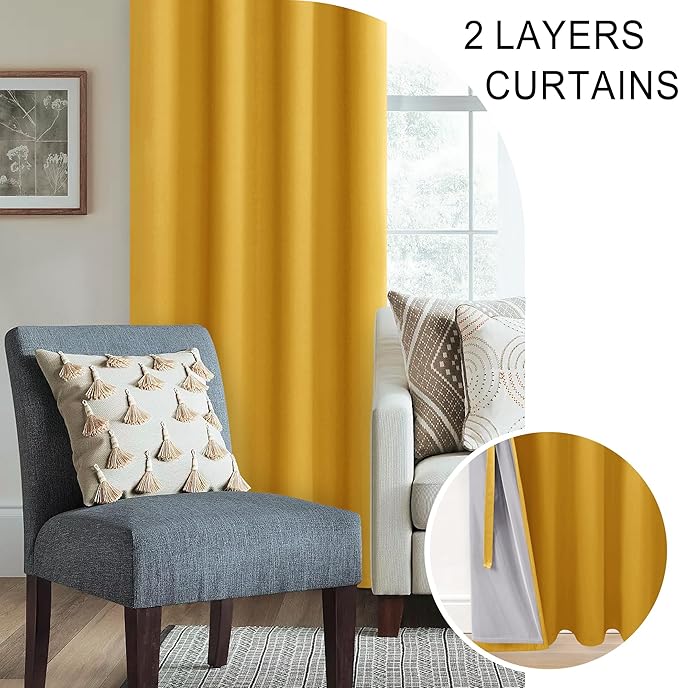 XWZO 100% Blackout Curtain Panels - Thermal Insulated Black Liner Curtains, Noise Reducing and Heat Blocking Drapes for Hall and Studio Windows with Tiebacks, Yellow, W52 x L95, Set of 2