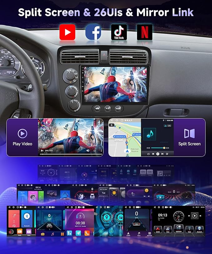 Built-in DSP Car Stereo Radio for Honda Civic 2001 2002 2003 2004 2005 with Wireless CarPlay Android Auto Mirror Link Podofo 9 inch IPS Touch Screen Bluetooth GPS 5G WiFi Backup Camera Mic