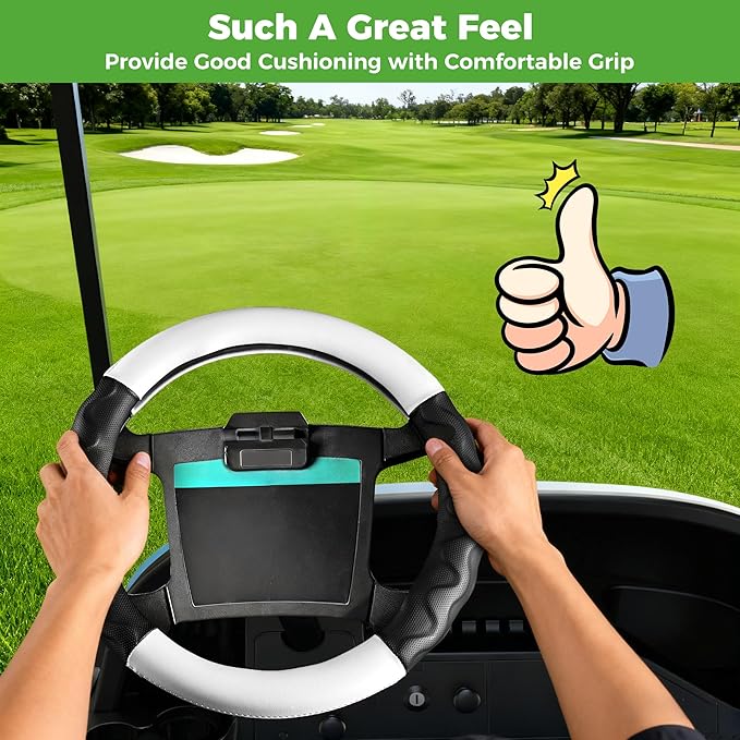 10L0L Golf Cart 14" Steering Wheel Cover for Club Car DS Precedent and Yamaha Models, Breathable Rubber Leather Materials,Good Texture Nice Look（Black+White）