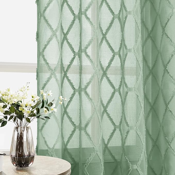 Extra Long Aqua Green Sheer Curtains 120 Inch Length for Living Room 2 Panels Semi Sheer Tuft Pom Textured Back Tab Lightweight Curtain Treatment Privacy Embroiderd Textured Drapes for Bedroom 52x102
