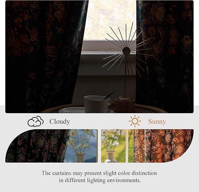 StangH Green Velvet Curtains with Printed Floral, Vintage Flower Patterned Curtains 102 inches Long Vertical Room Darkening Thermal Insulated Drapes for Home Office, W52 x L102, 2 Panels