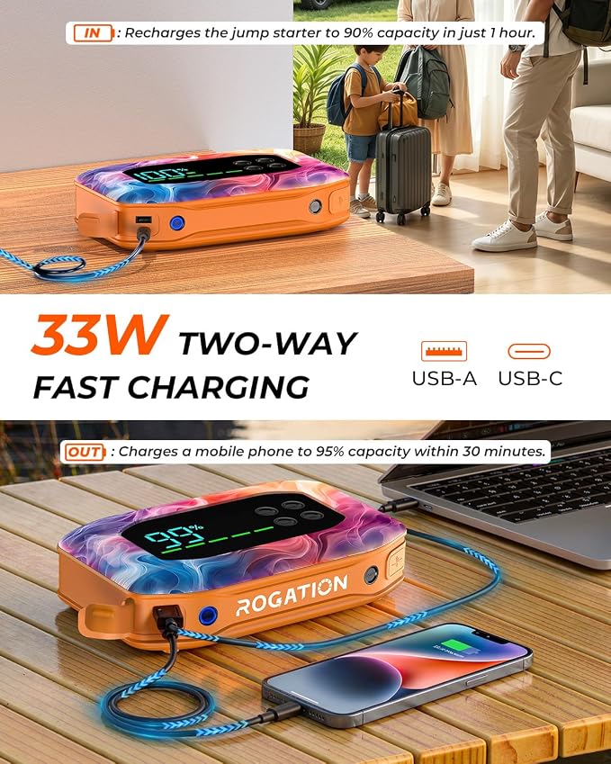 2000A Jump Starter with Air Compressor, Portable Car Battery Jump Starter, 12V Booster for Gas/Diesel Engines, 150PSI Tire Inflator 10000ma/h 33W Bidirectional fast Charging Power Bank-Orange