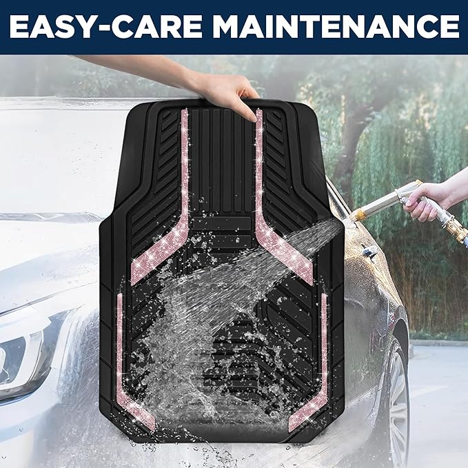 PIC AUTO Car Floor Mats, Pink Sparkly Crystal Bling Glitter Car Mats Set, Front and Rear Heavy Duty Rubber Car Mats with Anti-Slip Backing, All Weather, Trim-to-Fit for SUVs, Trucks, Sedan, Vans