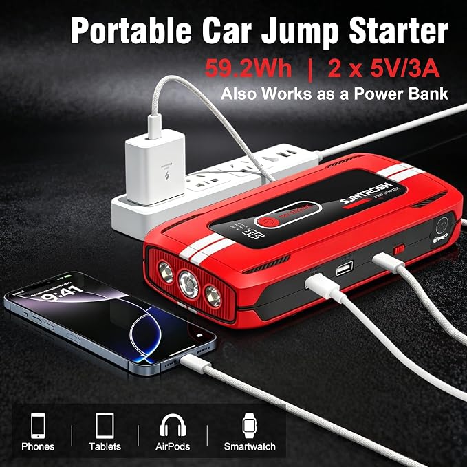 Jump Starter 5000A Peak, Jump Box 12V Battery Jumper Starter Portable, Jump Pack with 59.2Wh Large Capacity, Car Battery Charger Jump Starter with Dual USB Ports, 5000A Peak Jump Starter
