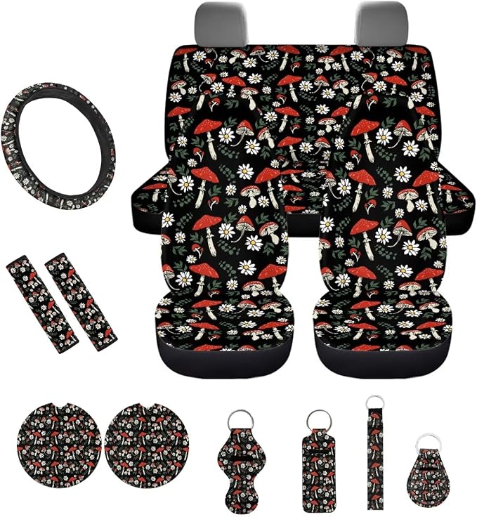 Vintage Mushroom Daisy Flower Pattern Car Accessories Car Seat Covers Full Set with Steering Wheel Covers+Seat Belt Pads+Coasters+Keychain+Lipstick Holder Universal Fit(13 Pack)