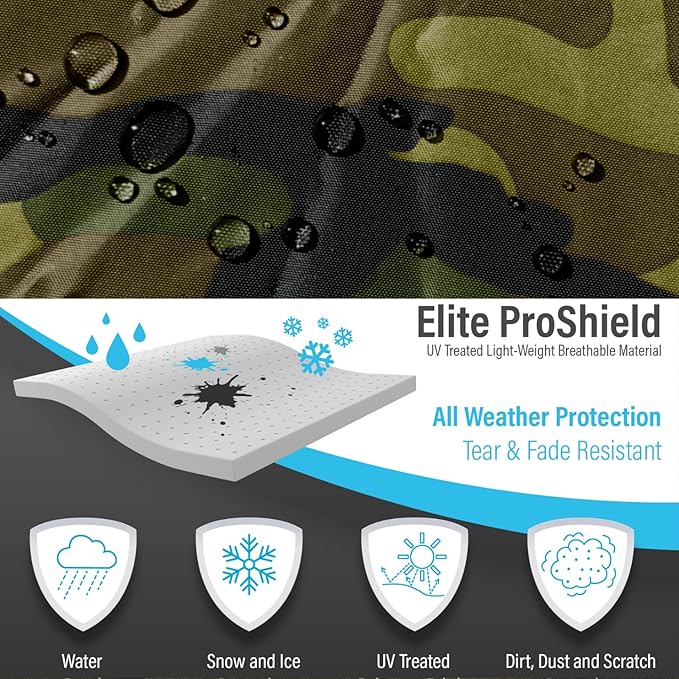 EliteShield Lightweight ATV Cover, Weatherproof Quad Cover, Water and Wind Resistant Four Wheeler Cover, Riding Lawn Mower Cover, Camo Color fits Youth ATV, Garden Tractor up to 65" Long