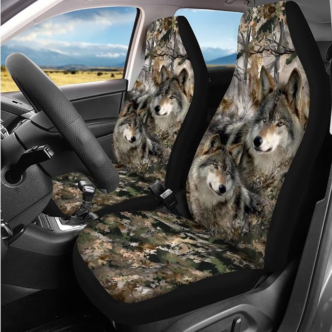 Bulopur Wolf Camo Hunting Vehicle Seat Covers Full Set with Steering Wheel Cover Comfortable Armrest Pad Easy to Install Car Seat Belt Covers 14 PCS Automotive Interior Decor Set