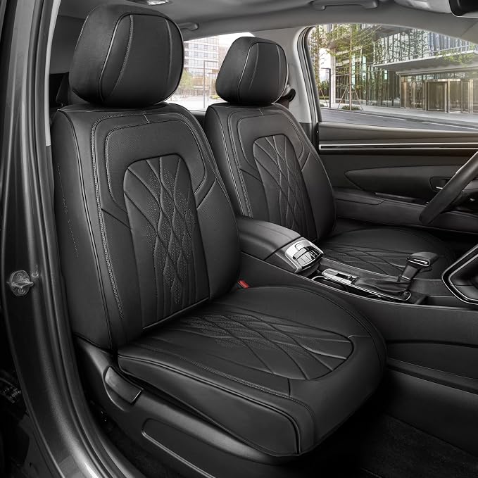 MotorBox Haven Series Napa Leather Seat Covers for Cars, Front Seat Covers, Mosaic Stitch Edition - Soft PU Leather Black Car Seat Covers for Cars Trucks SUVs, Front Seats Only