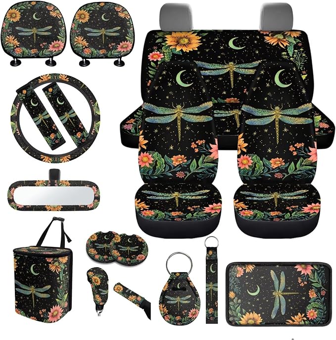 Dragonfly Moon Car Seat Covers Full Set of 18 Pcs Car Interior Accessories Set for Women Dragonfly Flower Car Headrest Covers Auto Seat Belt Pads Steering Wheel Cover Universal Fit
