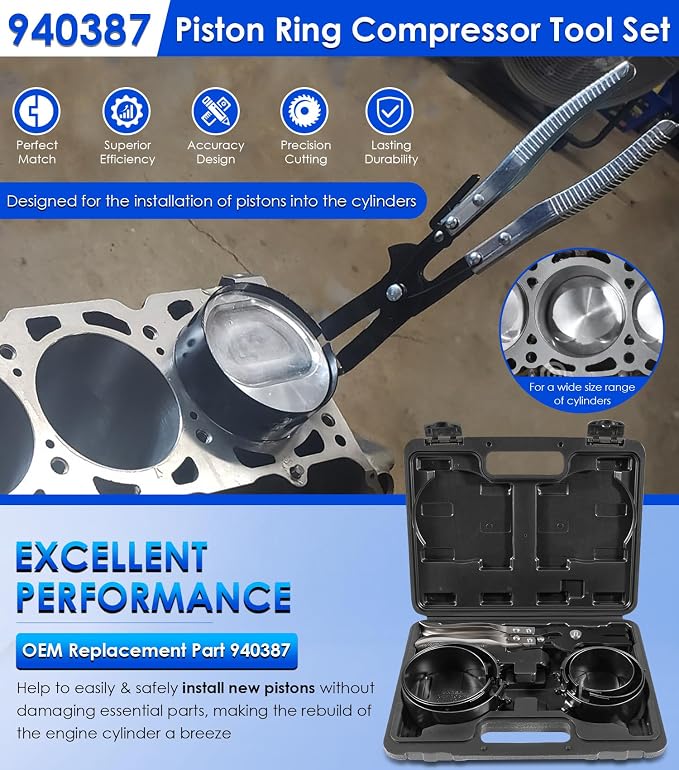 940387 Piston Ring Compressor Tool Set for Car Diesel Engines with Vehicle Maintenance Clamps, Ratchet Pliers and Storage Case, Piston Ring Band Sizes 2-7/8" to 4-3/8"