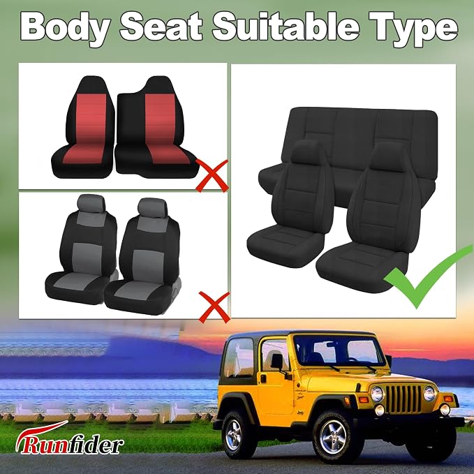 Custom Seat Covers for Jeep Wrangler TJ 1997 1998 1999 2000 2001 2002 Heavy Duty Cloth Protector Interior Accessories，Waterproof & Machine Washable, Foam Padded - Black（Front & Rear）