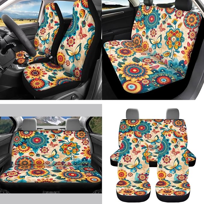 Boho Floral Butterfly 15 PCS Car Seat Cover Set with Auto Steering Wheel Cover Seat Belt Strap Protector Cup Holder Trash Bag Rear View Mirror Protector Keychain
