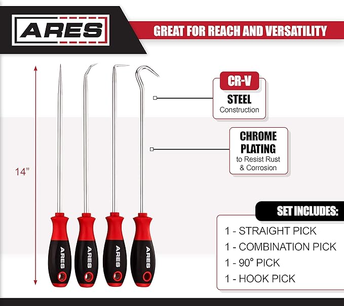 ARES 70246-4-Piece Hook and Pick Set - Includes a Large Straight Pick, 90 Degree Pick, Combination Pick and a Hook Pick - Chrome Vanadium Steel Shafts - Easily Remove Hoses, Gaskets and More