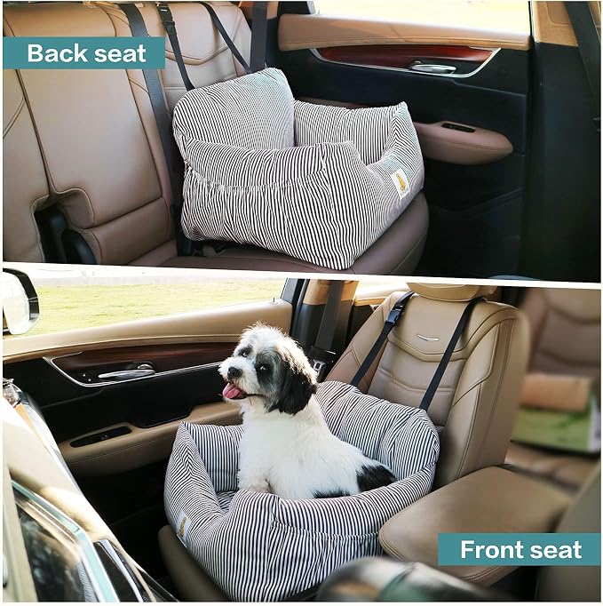 Dog Car Seat for Small Dogs, Puppy Booster Seat with Washable Pet Bed, Safety Leash and Storage Pocket, Non Slip Base Travel Seat for Car SUV Home Use, Brown