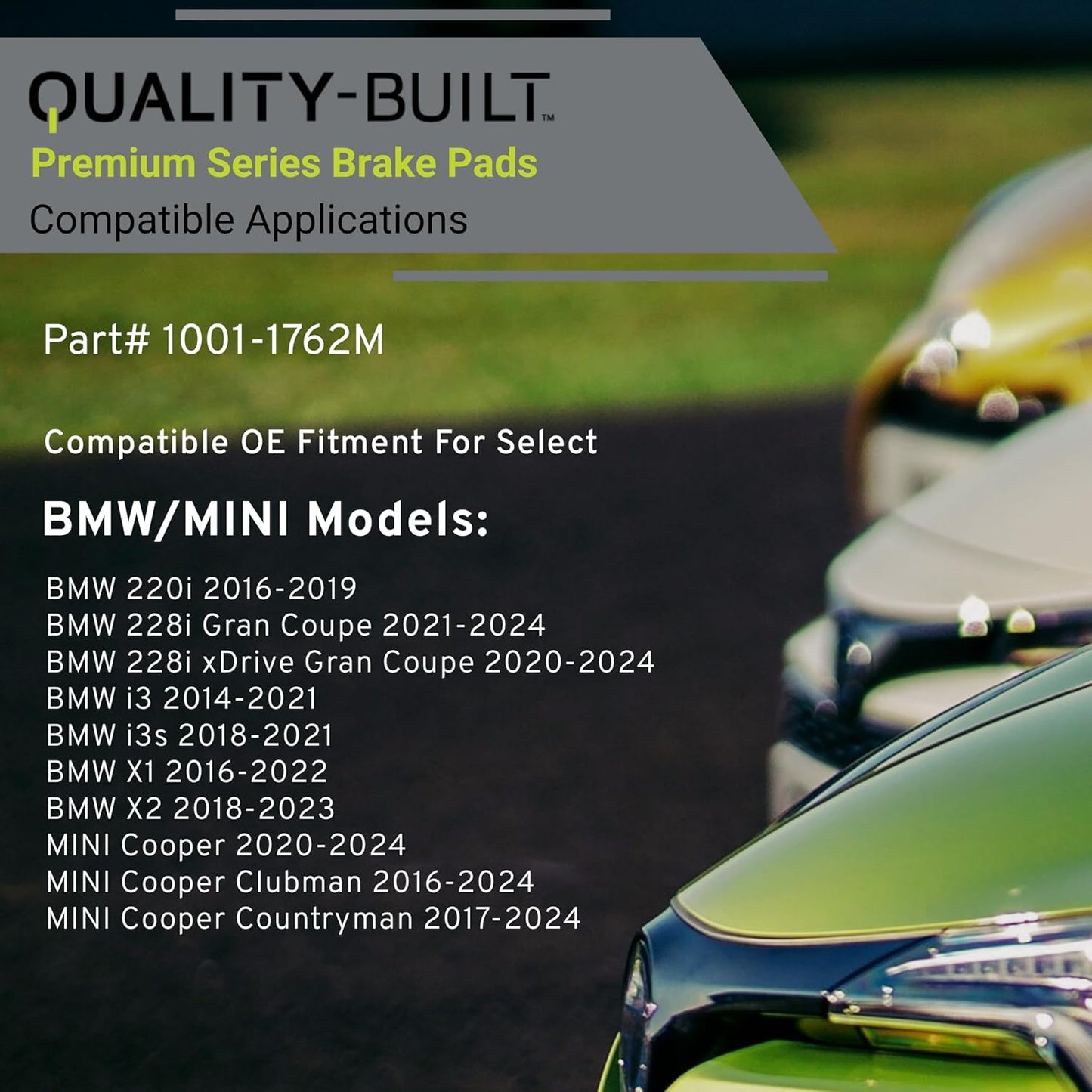 Premium Semi-Metallic Rear Brake Pads (1001-1762M) Compatible with 2014-2024 BMW/Mini (220i/228i Gran Coupe/228i xDrive Gran Coupe/Cooper/Cooper Clubman/Cooper Countryman/i3/i3s/X1/X2)