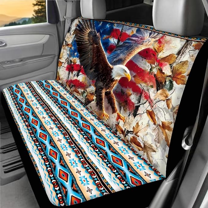 American Flag Eagle Car Seat Covers Full Sets 18 Pcs Aztec Tribal Car Accessories Set with Car Seat Belt Pads Cover Universal Fit Car Headrest Covers Car Trash Can Steering Wheel Wrap
