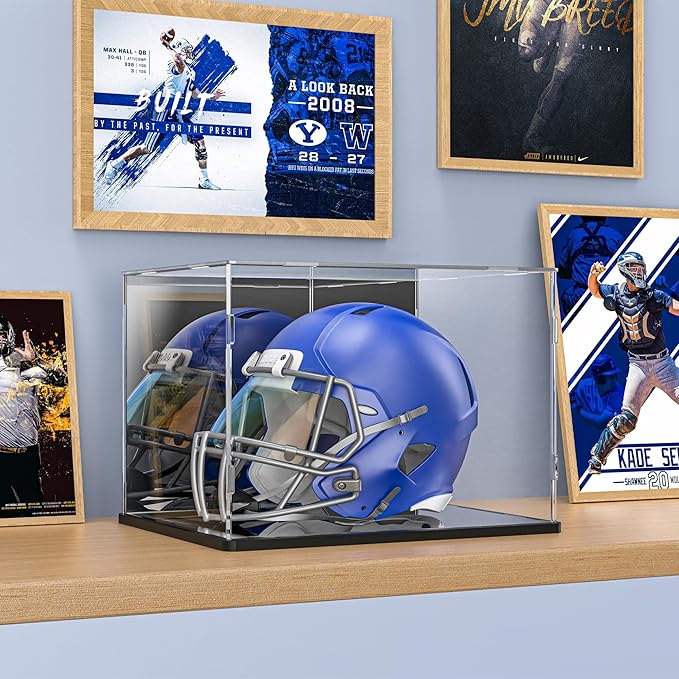 Football Helmet Display Case, Clear Acrylic Display Box for Full Size Football & Baseball Helmets, Mirrored Back & Bottom, Black Base, Dust-Resistant Showcase, 14.9" x 11.8" x 11.8"