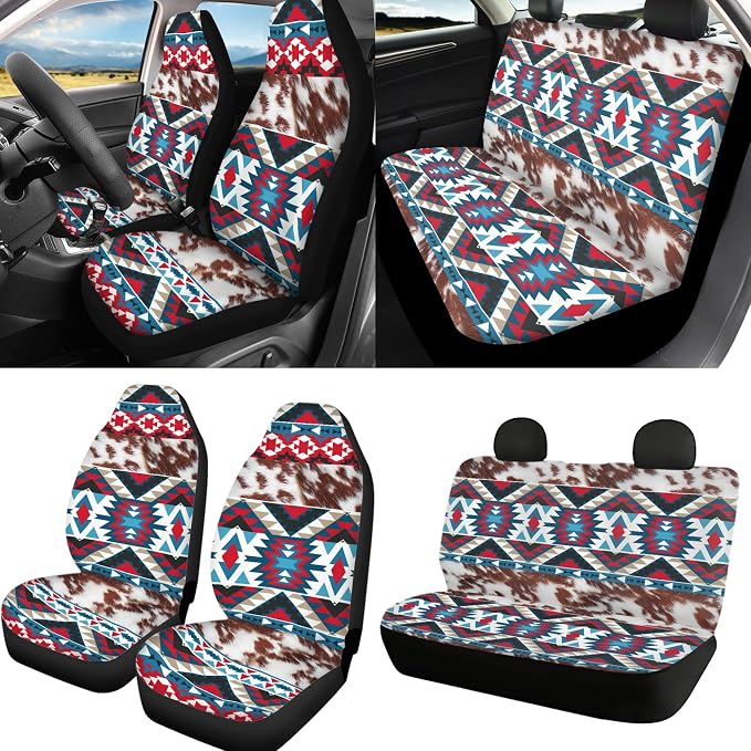 Aztec Seat Covers Full Set with Western Steering Wheel Cover, Shoulder Pads, Cow Print Seat Covers Car Accessories Universal Fit for Most Cars Truck, Red and Blue