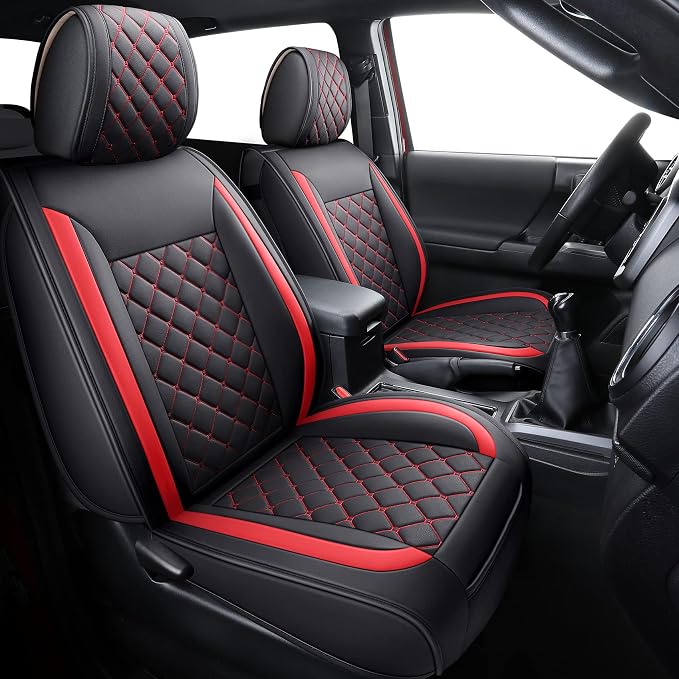 Tomatoman Tacoma Seat Covers Customized for 2005-2025 2026 Sport Extended SR V6 Pickup TRD, Waterproof Faux Leather Car Cushions(2 PCS Front, Black-Red)