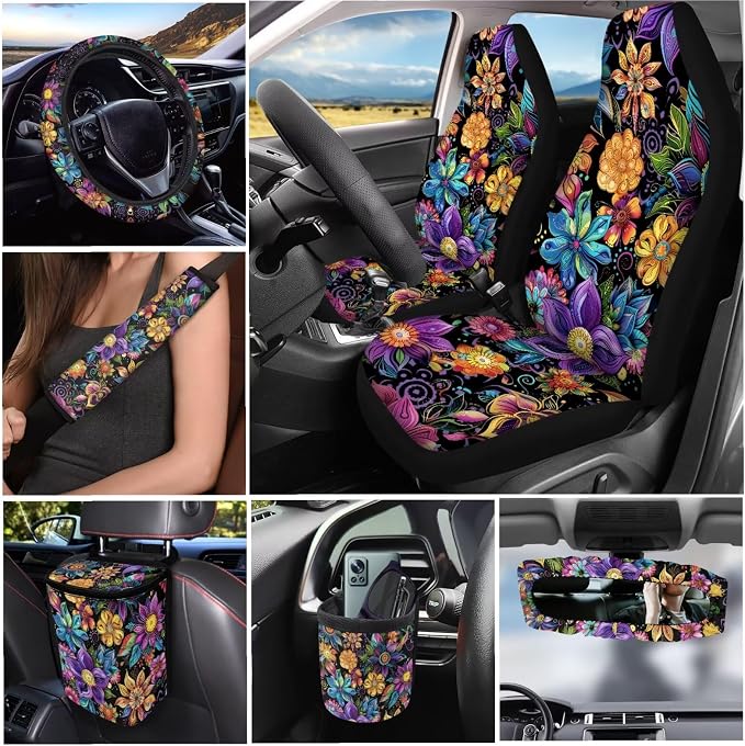Dreaweet Boho Floral Car Seat Covers Full Set for Women Flower Car Accessories Set 15 Pcs Car Steering Wheel Cover Seat Belt Pad Trash Bag Vent Storage Bag Rearview Mirror Cover Car Coasters Keychain