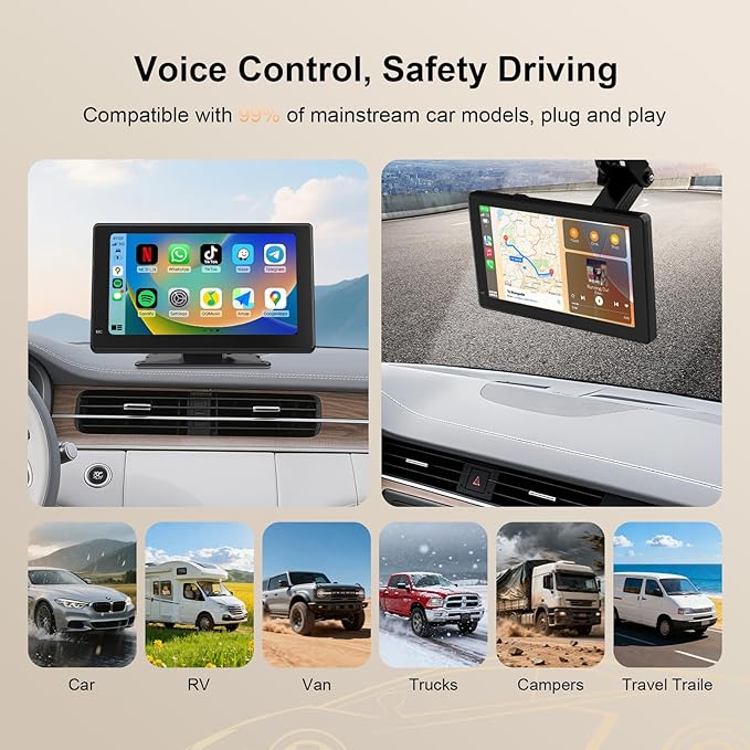 Haudio 7" Portable Wireless CarPlay & Android Auto Screen for Car, HD Touchscreen, Backup Camera, Bluetooth 5.0, FM Transmitter, Plug and Play, Voice Control, Fit All Vehicles