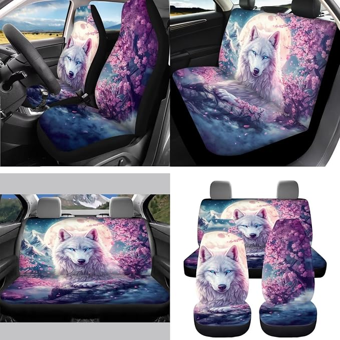 Cherry Blossoms Wolf Car Seat Covers Full Set for Women Floral Car Accessories Steering Wheel Cover Seatbelt Pad Coasters Trash Can Car Headrest Pillow Covers Armrest Pad